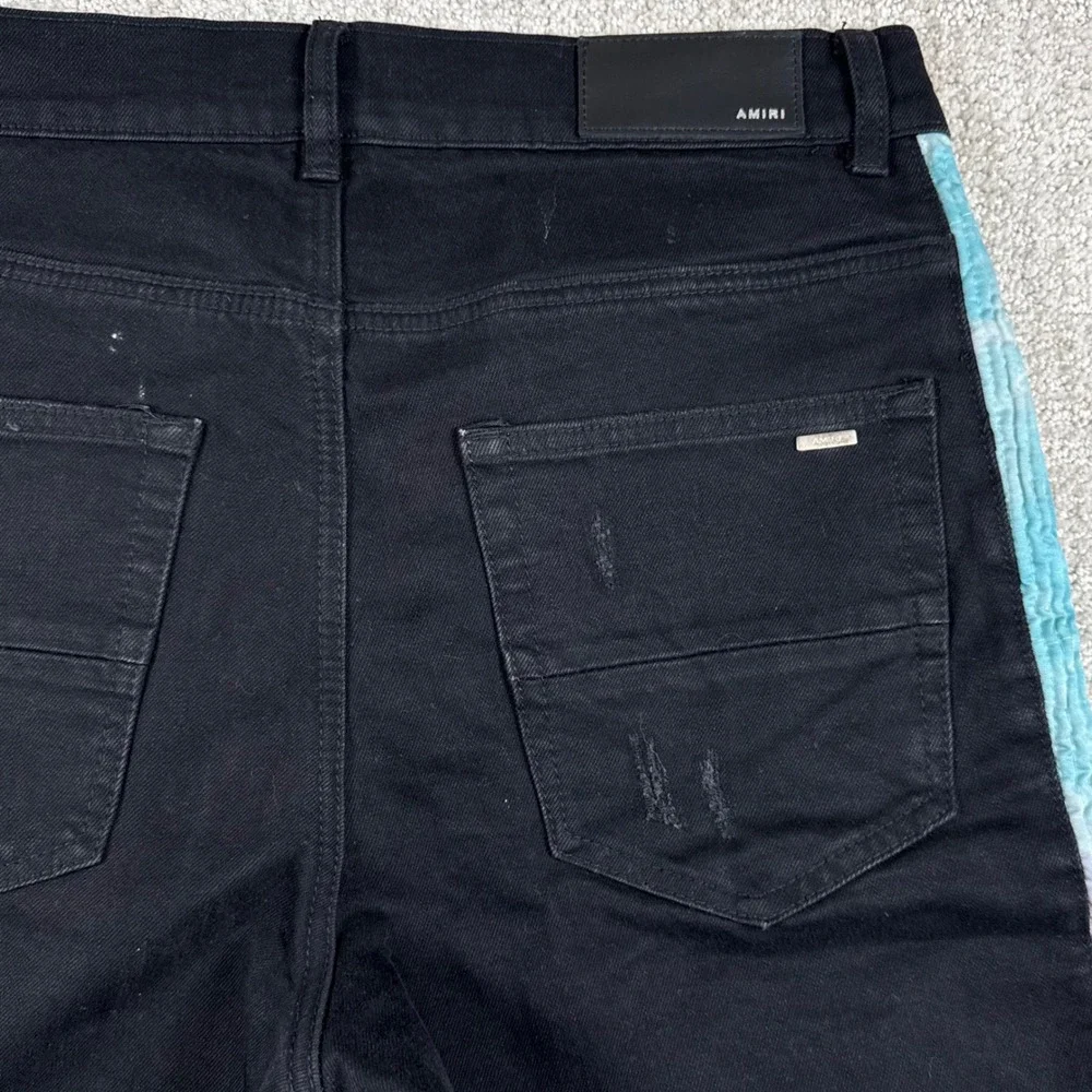 Amiri Mens 32x30 Black Distressed Side Stripe Zip Skinny Denim Jeans Made USA